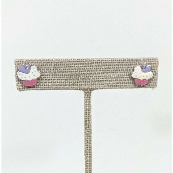 Cupcake shaped Earrings sprinkles rhinestone studs posts silver toned purple - Picture 3 of 3
